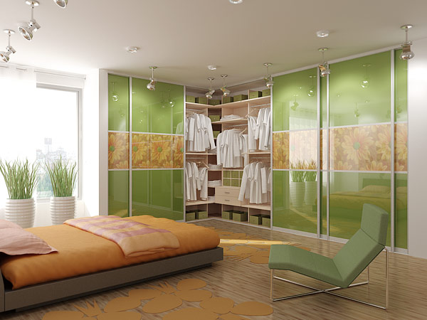 яркий дизайн гардеробной комнаты, зеленый цвет в интерьере